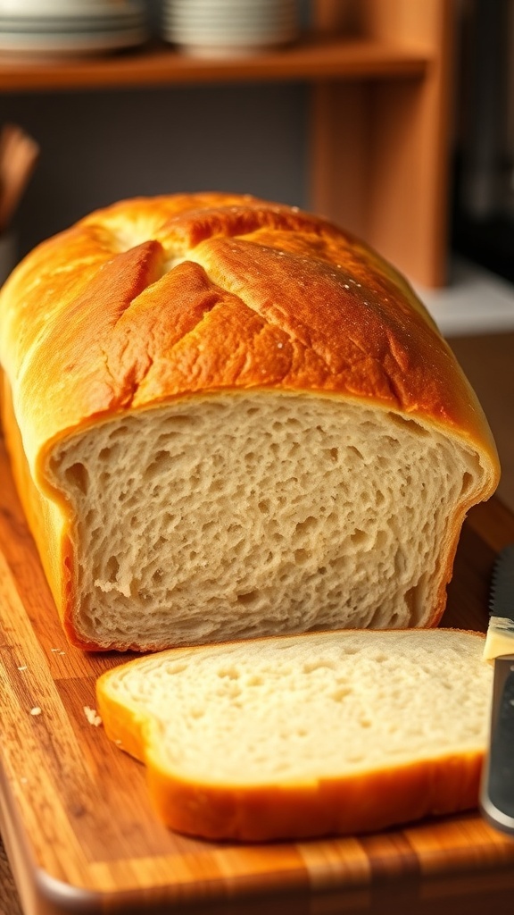 A golden brown loaf of homemade yeast sandwich bread sliced on a wooden board, showcasing its fluffy interior.